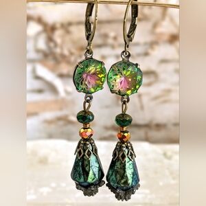 Victorian Mettalic Green And Glass Flower Mosaic Dangle Earrings In Brass